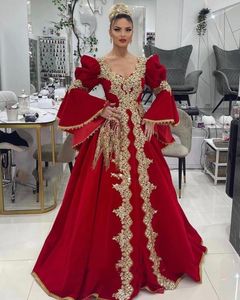 Luxury Red Arabic kosovo Evening Dresses Caftan Applique Crystal Gold Lace Flare Sleeve Dubai Kaftan Prom Formal Gown Plus Size