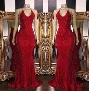 HOT! New Sparkly Red Sequins Prom Dresses Halter Mermaid Long Prom Gowns Low Back Arabic Party Dress