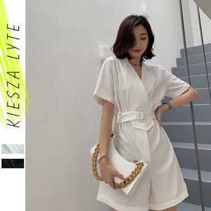 Jumpsuit women summer solid black white ladies casual chic short sleeve belt tunic wide pants overalls playsuits rompers 210608