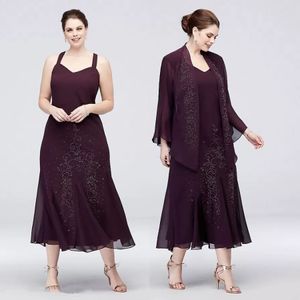 Elegant Tea Length Chiffon Mother Of The Bride Dresses Suits With Jacket Luxury Beaded Dusty Grape Wedding Guest Dress 2 Piece Groom Mothers Party Prom Evening Gowns