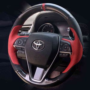 För Toyota Highlander Corolla Camry Rav4 Levin Markx Avalon Diy Carbon Fiber Leather Suede Steering Cover J220808