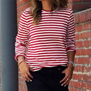 Retro Red White Striped T-shirt T-shirt dla kobiet jesienne długie rękaw Podstawowy tee Casual Street Wear Shirt Lady