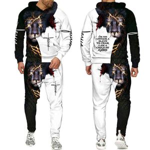 Autumn Winter Fashion Men Kvinnor långärmad lejon 3d tryckt Jesus hoodie tröja och byxor avslappnade herrekläder för herrkläder G1217