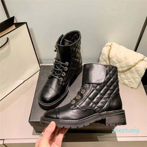 2022 autumn and winter boots Ling lattice lace up short booties small fragrance thick bottom thick heel leather color matching Martin