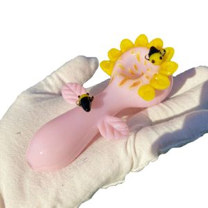 Macaron Pink Sunflower Bee Tobacco Pipe Handblåst ört Dry Bowl Glashandsked Rökpipor