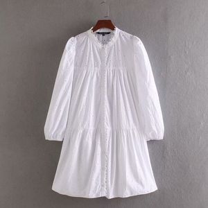 여성 우아한 중공 자수 자수 캐주얼 흰색 셔츠 드레스 암컷 긴 소매 레이스 엣지 멍청한 미니 드레스 DS3435 210303