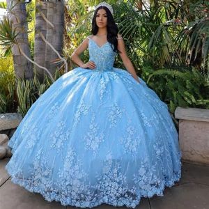 Sky Blue Lace Quinceanera Dresses 2022 Spaghetti Strap Beaded Sweet 16 Gown 3D Flower Princess Vestidos De 15 Años