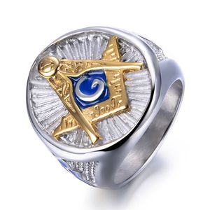 New Gold Silver Masonic Ring Stainless Steel Blue Enamel Freemason Jewelry Free mason Signet Ring jewel for men Wholesale