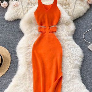 Singreiny Summer Knit Sexy Pasp Dres puste elatic talia Bodycon Sundress żeńska plaża podzielona bez pleców długa sukienka 220509