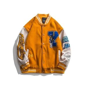 Herrjackor Herr Varsity Bomberjacka Orange Blå Plysch björnbroderi Damoversize kappor Baseball Letterman University Outlft Cloth