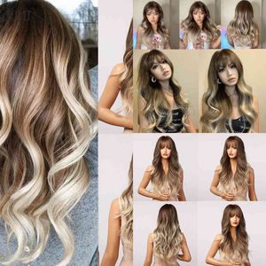 Henry Margu Brown White Ash Gray Blonde Ombre Synthetic Wigs for Black Women Afro Long Wavy Wig with Bangs Lolita Cosplay 220622