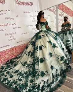 Монетный зеленый цвет с плеча платья Quinceanera 3D цветы шнурки корсет Принцесса Сладкое 15 Бабола
