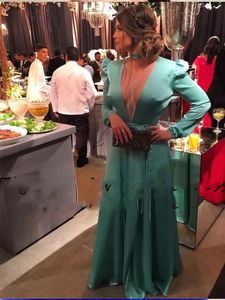 Modern Green Long V Neck Mermaid Dubia Evening Dresses Full Sleeves Saudi Arabia Night Prom Gowns Party Formal