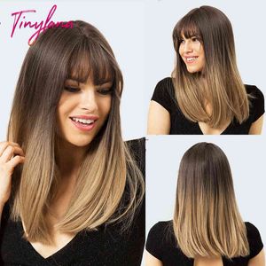 Lange gerade synthetische Bob-Haar-Perücken mit Pony für Frauen, Ombre-Braun-Blond-Perücken, mittlere Bobo-Frisur, Cosplay, natürliches Haar