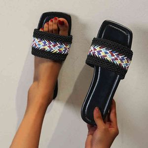 Gewebte Hausschuhe Plus Größe Frauen Mode Lässig Strand Flache Sandalen Sommer Schuhe Non-slip Hause Rutschen Mujer Schuhe 2022 flip Flos Y220412