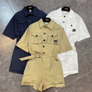 FABPOP Summer Design Short Sleeve Turn Down Collar Single Breasted Buttons Slim Playsuits Women Romper With Belt GB158 210709