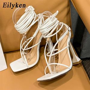 Eilyken Women Gladiator Cnee High Sandals Open Toe Lace Up Cross Srappy Sandal High Heels Fashion Sexy Shoes 210624