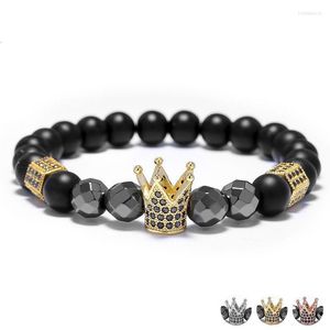 Beaded Strands Natural Stone Beads Cz Zirconia Gold Crown Charm Bracelet Men Dull Polish Matte Erkek Bileklik Trum22