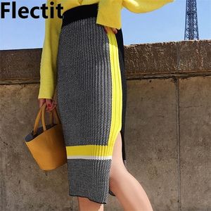 Flectit Fall Winter High Street Color Block Bodycon вязаная юбка с высокой талией с разделением колена карандашные юбки Женщины трикотажные T200324