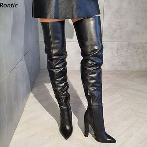 Rontic 새 패션 여성 겨울 허벅지 부츠 매트 사이드 지퍼 Chunky Heels Pointed Toe 우아한 블랙 캐주얼 신발 US Size 5-15