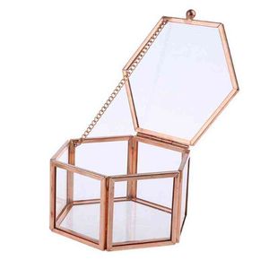 Hexagon شفاف Rose Gold Glass Ring Box Box Wedding Box هندسة زجاجية مجوهر