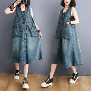 Lässige Kleider, Cowboy-Tank-Jeanskleid, Midi, lang, gewaschen, gebleicht, doppelte große Taschen, Jeans, All-Match, V-Ausschnitt, ärmellos, VestidosCasual