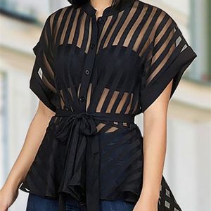 Women Shirts Transparent See Through Short Sleeves with Waist Belt Buttons Sexy Blouses Tops Femme Spring Summer Fashion Bluas 220516