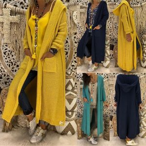 Maglione lungo Cardigan lavorato a maglia da donna Autunno Inverno Tinta unita Tasca con cappuccio allentata Maglioni moda casual