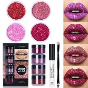 Lip Gloss 4color/Set Glitter Kit Shinning Lips Powder With Primer Brush Waterproof Kissproof Glittering Party MakeupLip