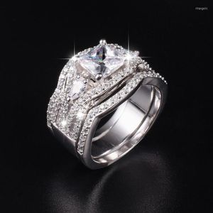 Rings de cluster Vintage Handmade Pave Diamond Conjunto 3 em 1 Luxo 10k White Gold noivado Casamento para mulheres pedras precios