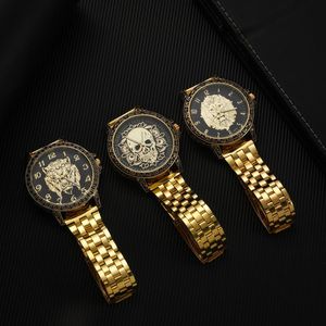 Wristwatches Gold Skull Lion Tiger Men Luxury Business Military Quartz Watch Golden Stainless Steel Band Watches Male Clock RelogioWristwatc