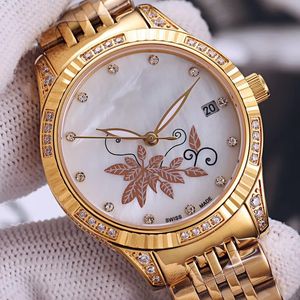 Requintado Women's Women's Women 35mm Movimento mecânico Sapphire Crystal Mirror Diamond Gold Gold Aço inoxidável Banda clássica Design Deep Water Resistance Moda Relógios