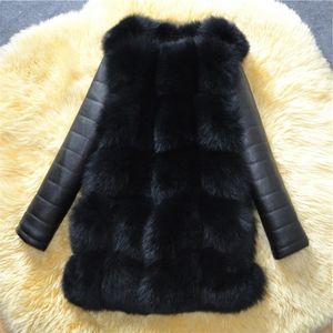 Winter New Arrival Warm Women Faux Coat with PU Sleeve High imitation Jacket Black Fur Outerwear T200506