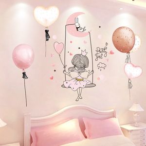 Shijuehezi Cartoon Girl Menina Lua Adesivos de parede Vinil Diy Decalques murais de balão para crianças quarto de bebê berçário decoração 220607