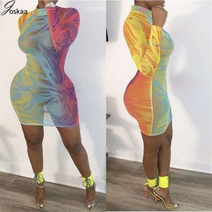 Joskaa Print sexy mesh slim skinny dresses new long sleeve female fashion skinny outfits Women summer club party night dress LJ200818