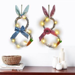 Decorative Flowers & Wreaths Easter Wreath LED Lights Ears Decorating Rattan Circle Ornaments Front Door Wall EasterDecorative DecorativeDec