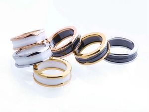 Europe America Style Ring Men Lady Women Stainless Steel Engraved Letter Inserts Black White Ceramic Two-band 18k Gold Lovers Narrow Rings