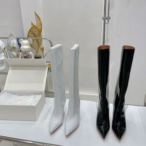 2022 new high heel fashion patent leather high boots black pointed toe stiletto side zip but knee