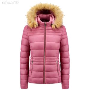 ソリッドジャケットの女性冬コットンファーリーカラーフード付き長袖ジッパー濃い暖かいルーズカジュアルベーシックメスファッションL220730