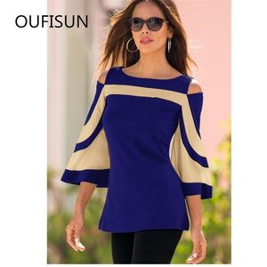 Women Patchwork Summer Spring Blouse Shirts Elegant Lady OL Bodycon Slim Blouses Causal Bat Sleeve Plus Size Shirts Female Tunic 210401