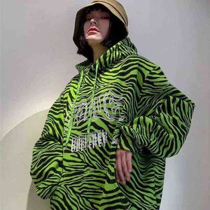2022 Streetwear Loose Pullovers Woman Zebra Print Hoodies Neon Green Overized Harajuku Korean Dent Fashion Coat Ladies Sweat T220726