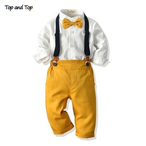 Top and Fashion Kids Boy Dżentelmeczka Zestaw Odzieży Z Długim Rękawem White Shirt S + Kombinezony Outfit Outfit Formalny garnitur BEBES 220326