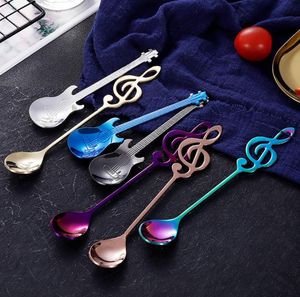 Creative 304 Stainless Steel Small Coffee Spoons Guitar Music Notes Shape Dessert Spoon Stirring Spoon Lovely Titanium Plated Ice SN6471