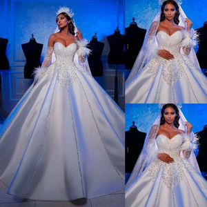 Saudi Arabia Wedding Dress Feather Removable Long Sleeve Beadings Vestido Casamento Appliques Satin Bridal Gowns