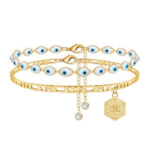 Cavigliere Evil Eye Braccialetti alla caviglia per le donne Placcato oro 14k Cavigliera a strati Openwork Ciondolo esagonale Iniziale Az Ragazze Gioielli Regali