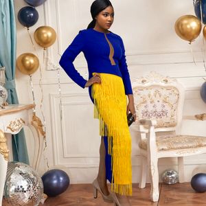 Kvinnor Tassels Patchwork Party Dress Blue Yellow Long Sleeve Cut Out Bodycon Sexig Celebrate Event Night Prom