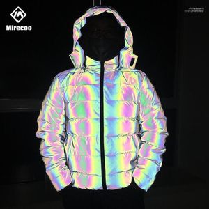 Puffer Laser Reflekterande Vinterjacka Män Regnbåge Vadderade jackor Parkarock Mode Hip Hop Kläder Streetwear1 Phin22