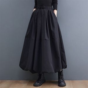 Siyah Vintage Yüksek Bel Pileli Etek Kadın Artı Boyutu Moda İpli Gevşek Rahat MIDI Etekler Giysi Sonbahar Kış 220401