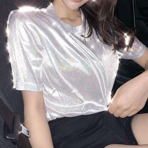 티셔츠 여름 레트로 스타일 세련된 밝은 실크 여자 탑 반짝이는 느슨한 짧은 슬리브 섹시 클럽 미학적 Haruku 여자 tshirt 여자