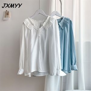fashion and comfortable niche hedging ruffled V-neck solid color shirt lashing rope long-sleeved shirt women JXMYY 210412